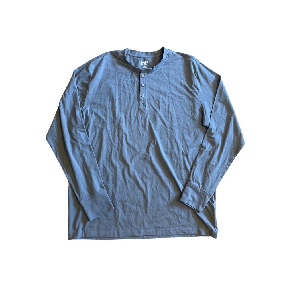 Lands End Mens Long Sleeve Henley Shirt Gray Blue Cotton‎ Blend XL 526217